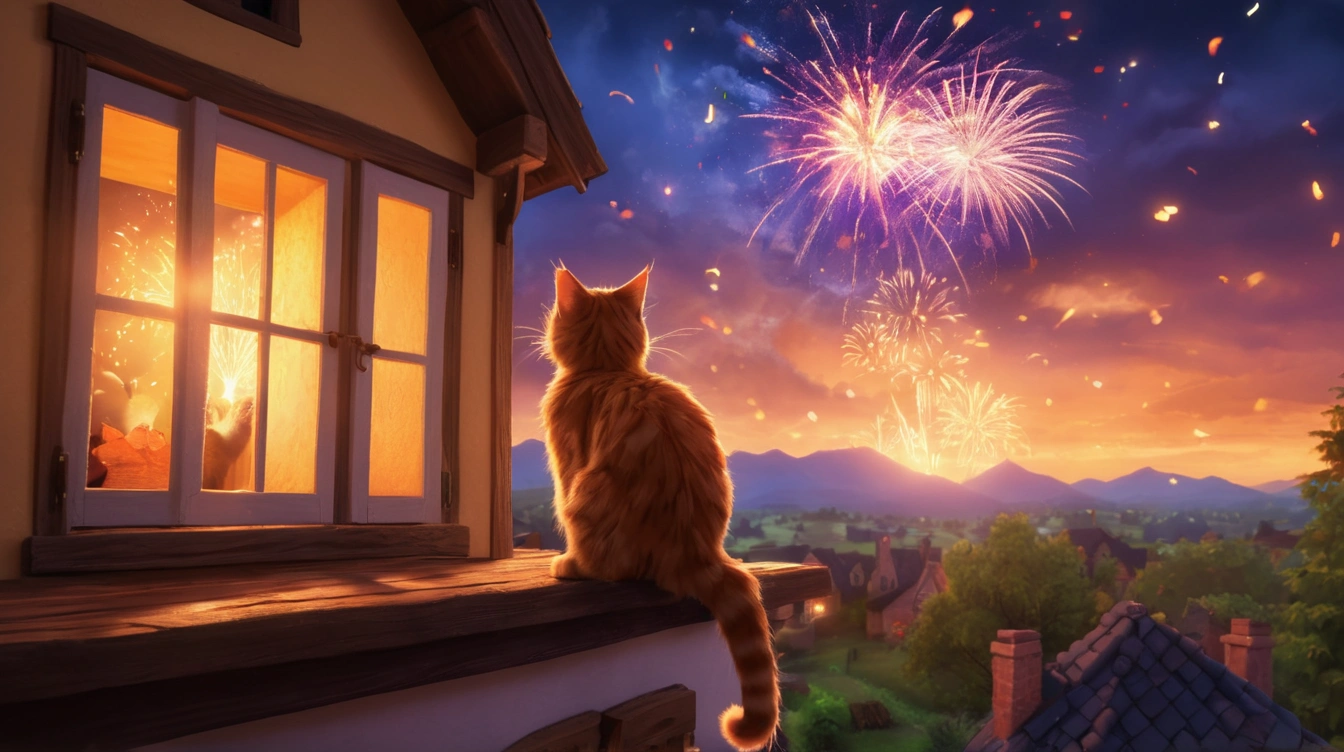 Cat watching fireworks on the distance from the roof of its house on New Year’s Eve. To a New 2025!