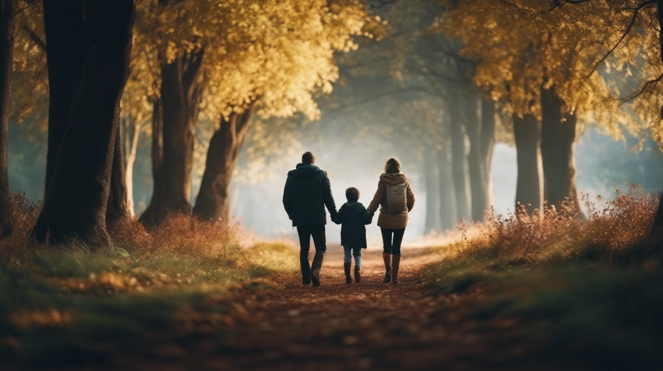 A family, helping each other, walk on a path under the trees. The power of human cooperation.