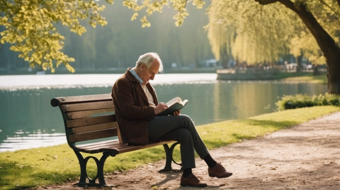 A middle-aged man reading a book by the lake. Books, nature, and music.