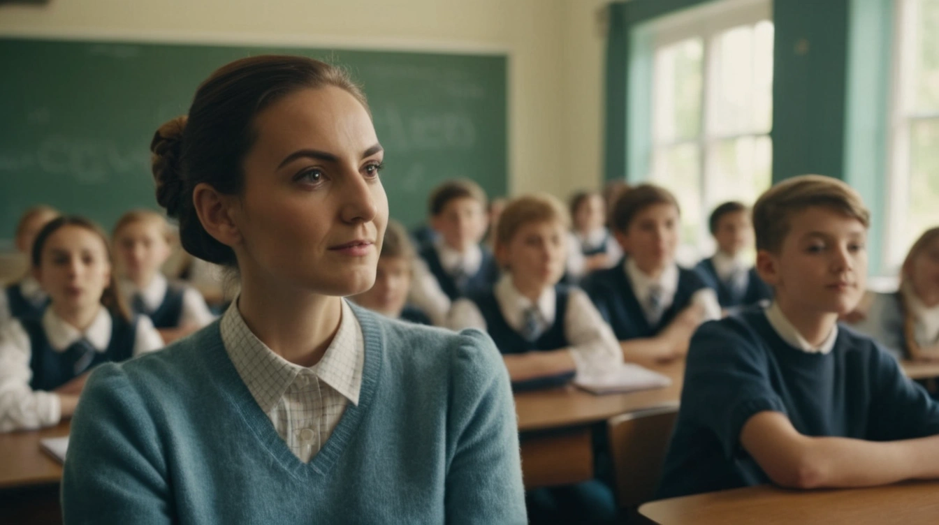 A teacher in front of the class, students paying attention. The unnamed teacher.