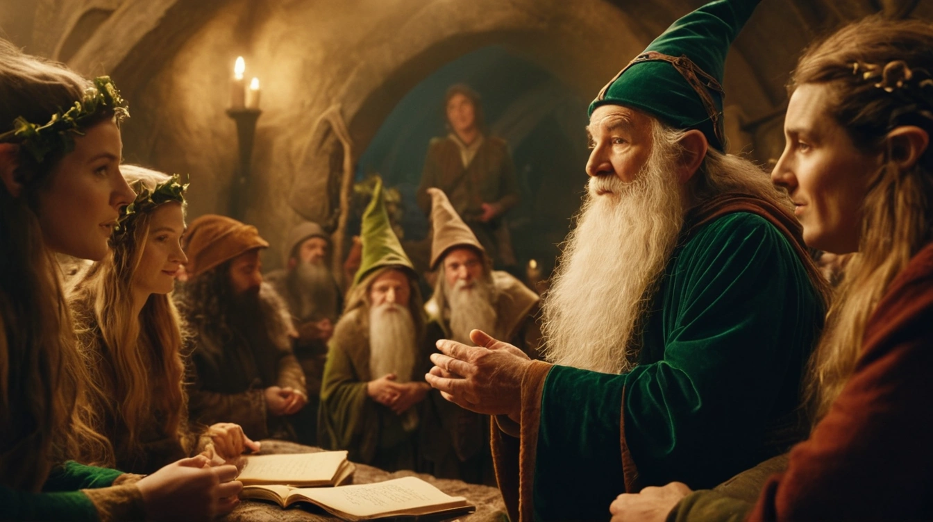 A wizard proposing riddles, he's surrounded by elves and dwarves. Robson's Riddles.