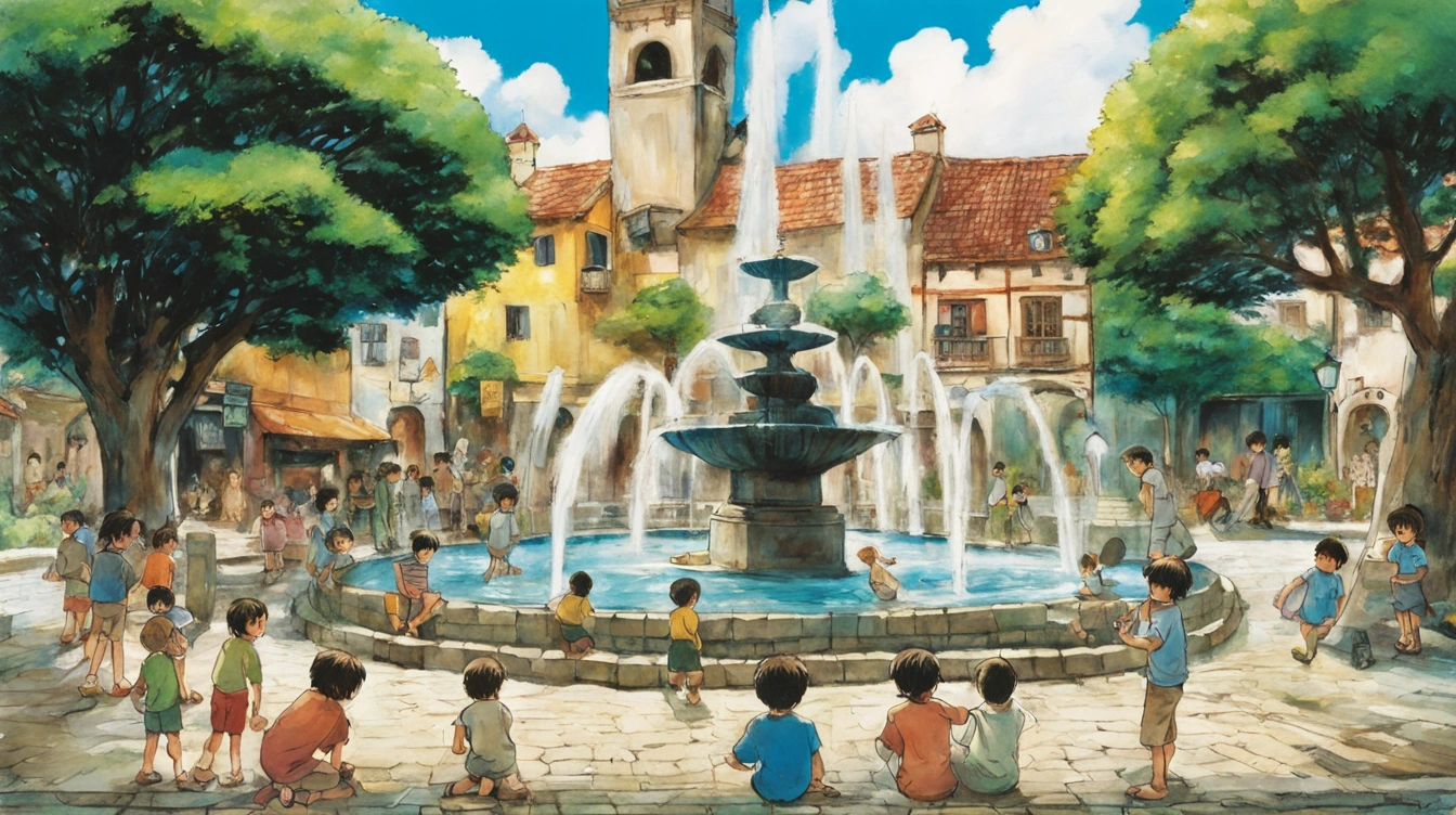 Several children playing with each other in the square of their village, a fountain in the middle, local commerce nearby. Celebrate local heritage.