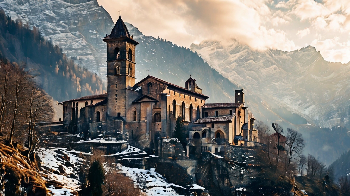 A representation of the abbey for the book The Name of the Rose, winter scenery
