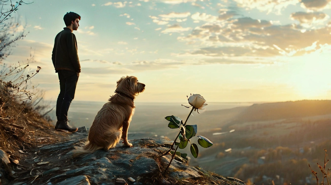 At the edge of a cliff, a young man steps forward, seemingly carefree and unaware of the precipice just before him. His gaze is turned upward toward the sky, eyes full of wonder, not fear. A small dog keeps him company. A white rose symbolizes purity. Ten years from now.