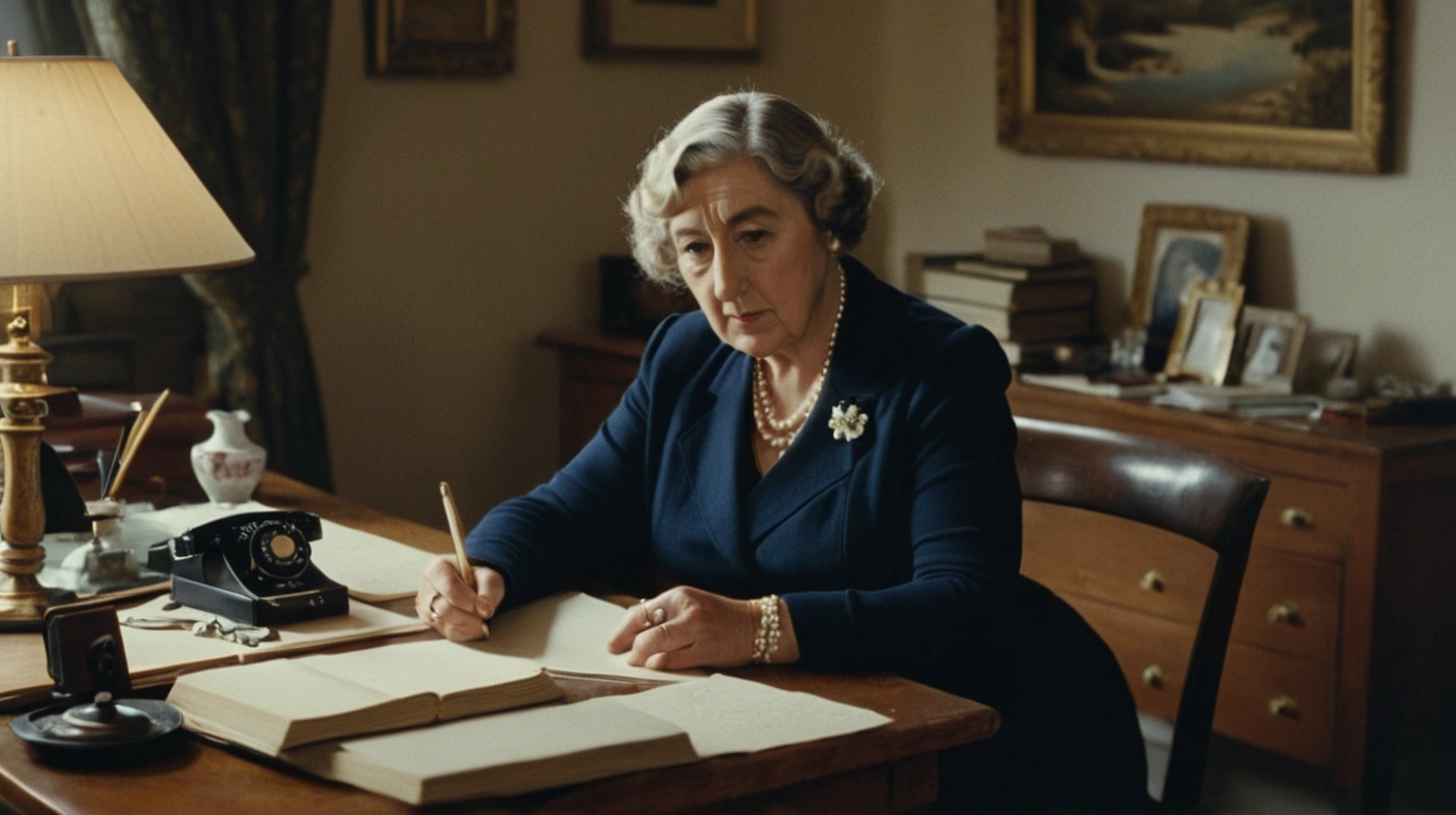 A representation of Dame Agatha Christie sitting on a desk on her house, busy writing one of her novels. Talking to Agatha Christie.