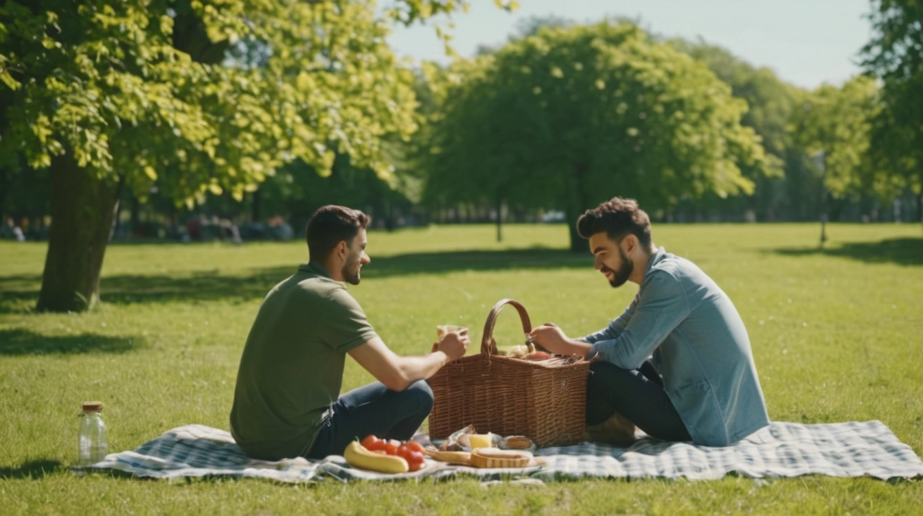 Two guys having a picnic in a public park, sunny day. Satisfaction, not perfection.