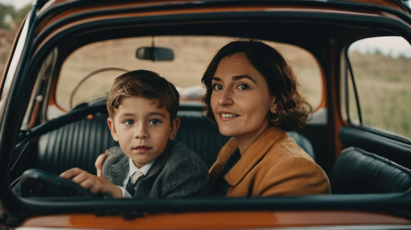 A mom and her eight-year-old son, inside a Volkswagen Beetle, listening to the radio. Como nossos pais.