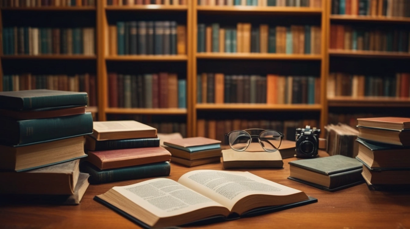 A desk full of books in a modern library. Three books that changed the way I see the world.