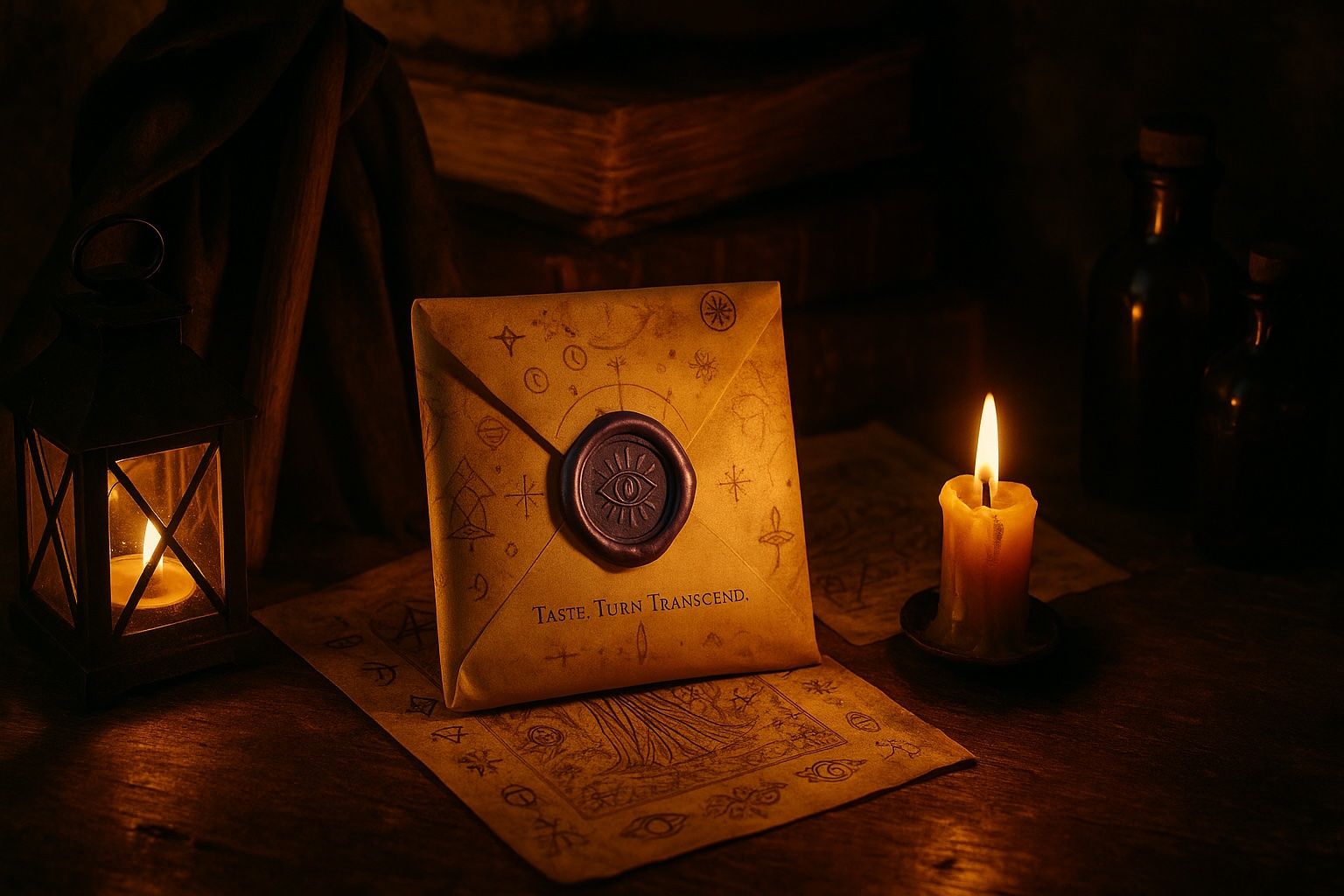 At the center lies a chocolate bar wrapped in aged parchment, elegantly creased, with delicate symbols barely visible on the paper—runes, alchemical glyphs, and the Wheel of Fortune hidden in the folds. It’s sealed with a dramatic metallic purple wax, stamped with a mysterious emblem: an open eye nested in a triangle, encircled by rays—hinting at awakening, perception, and the Major Arcana’s spiritual gravity.